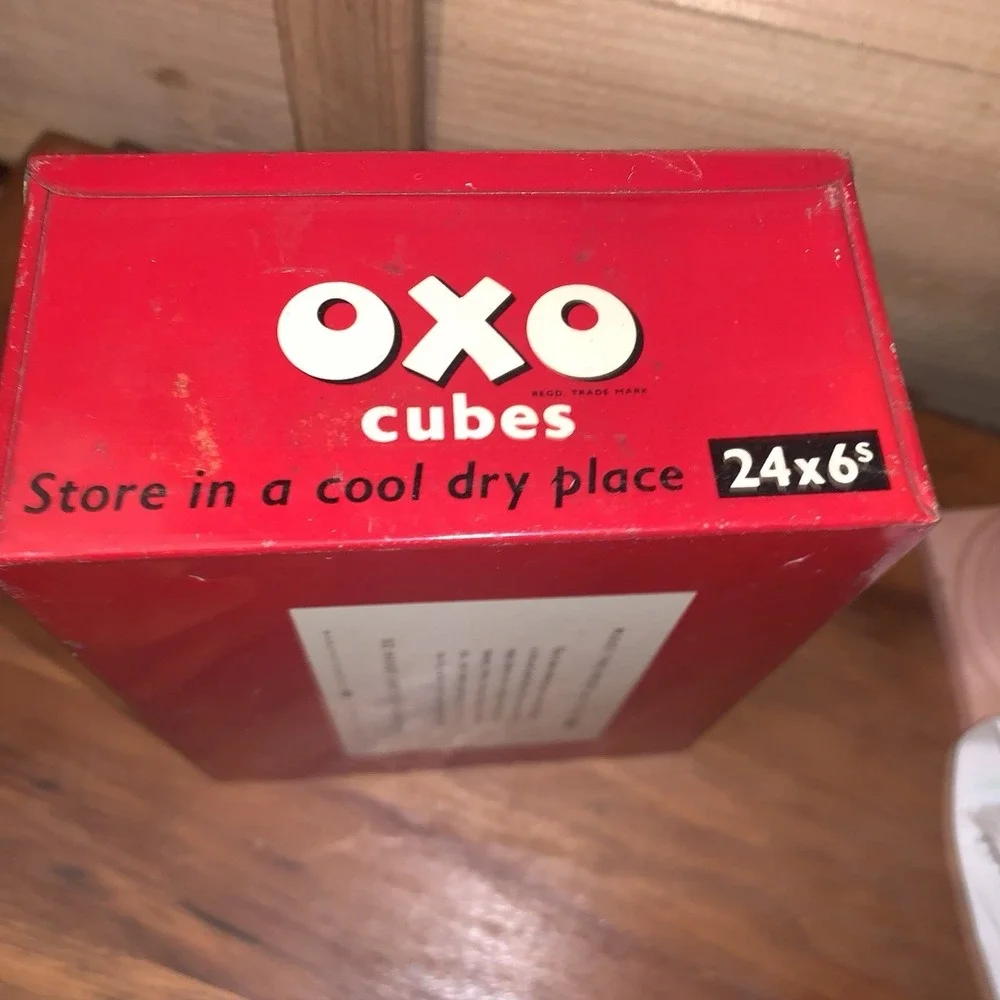 Vintage Old OXO Cubes Red Metal Tin Box & Lid King George VI Collectible Cooking